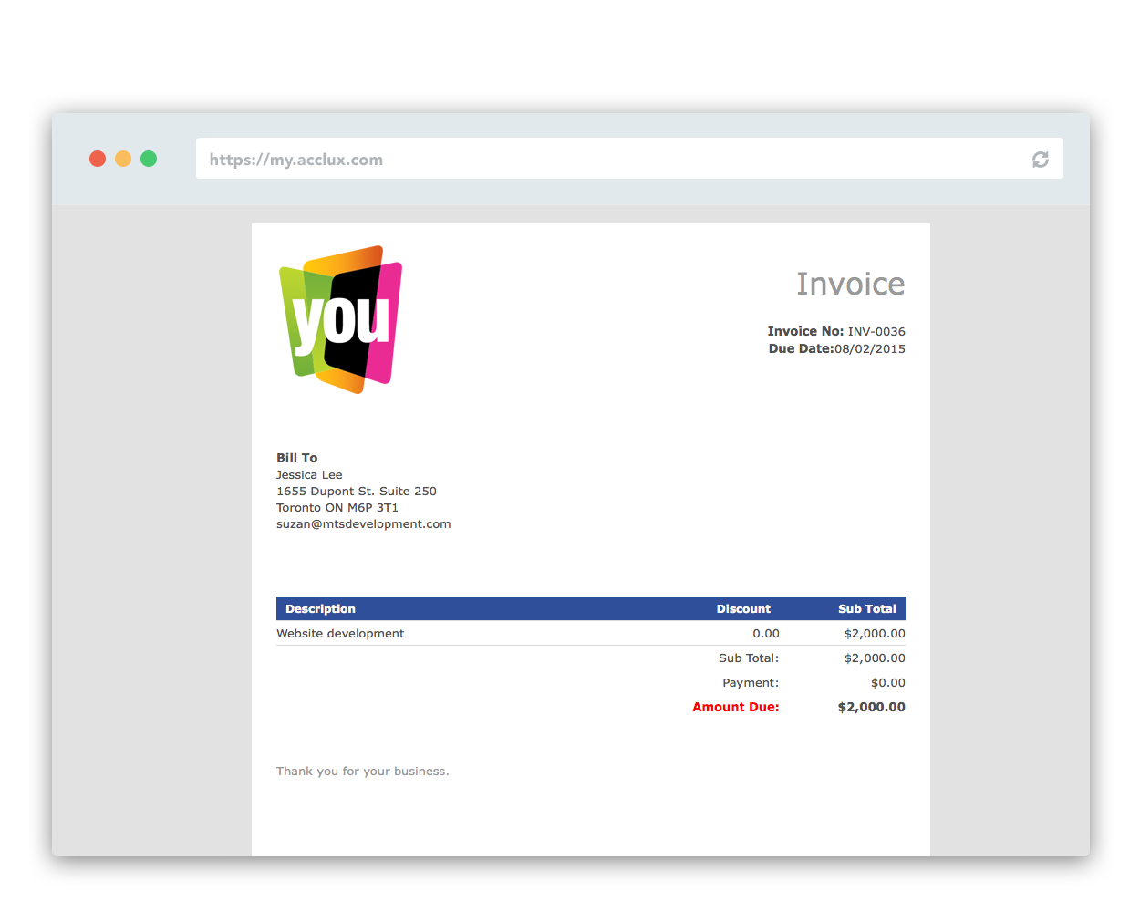 Client Invoice Portal to get paid online with acclux and paypal